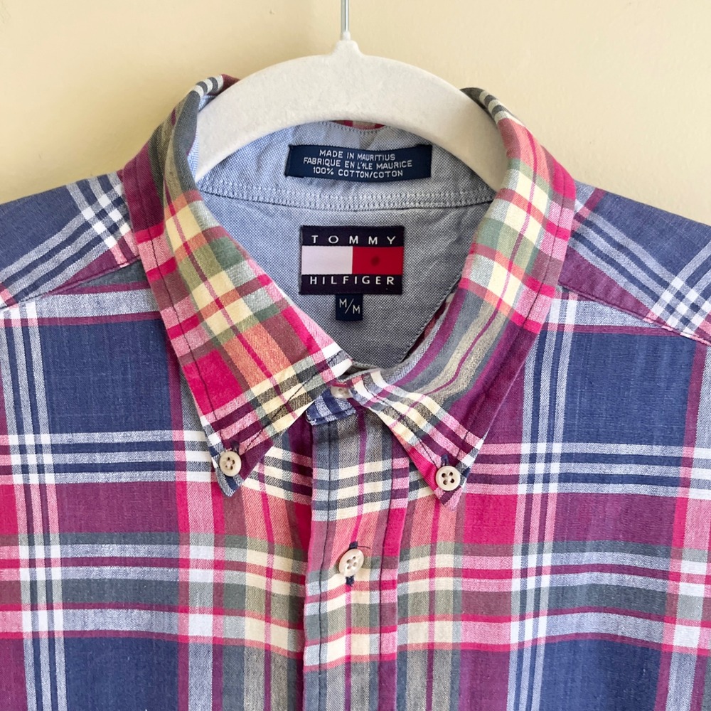 Vintage Tommy Hilfiger Button Up Shirt Men's Medium Plaid 100% Cotton Preppy Top - Picture 4 of 12